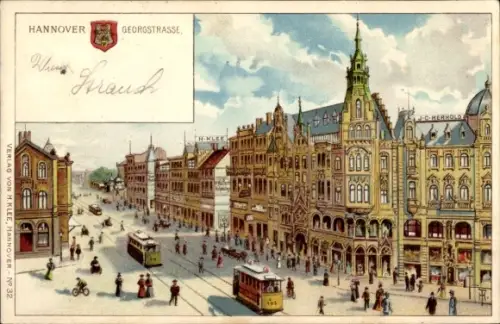 Litho Hannover, Blick in die Georgstraße, Straßenbahnen, J.C. Herhold