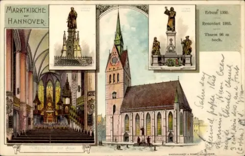 Litho Hannover, Marktkirche, Mittelschiff,Denkmal