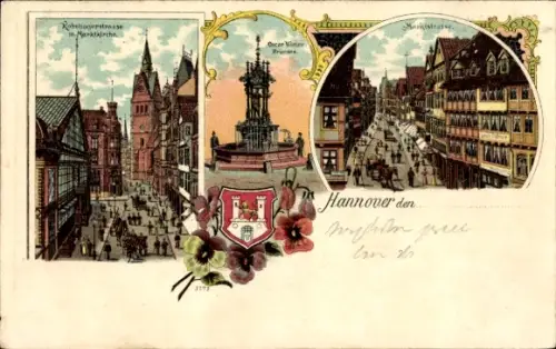 Wappen Litho Hannover in Niedersachsen, Marktkirche, Marktstraße, Brunnen