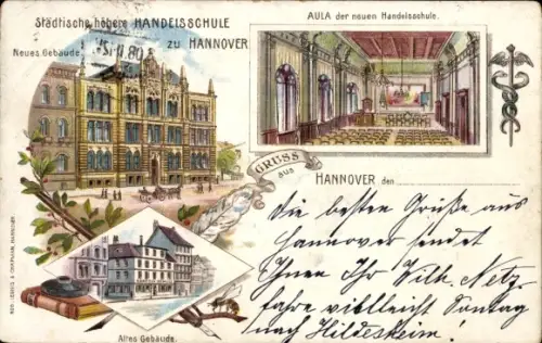 Litho Hannover, Städtische höhere Handelsschule, Aula, altes und neues Gebäude