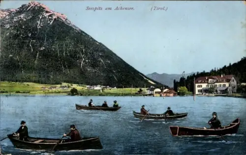 Ak Seespitz am Achensee Tirol, Teilansicht, Ruderboote