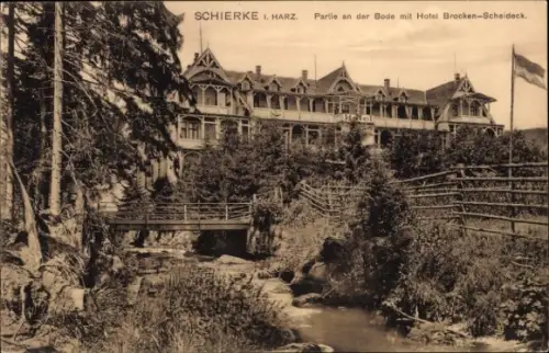 Ak Schierke Wernigerode im Harz, Schierke i. Harz, Partie an der Bode, Hotel Brocken-Scheideck