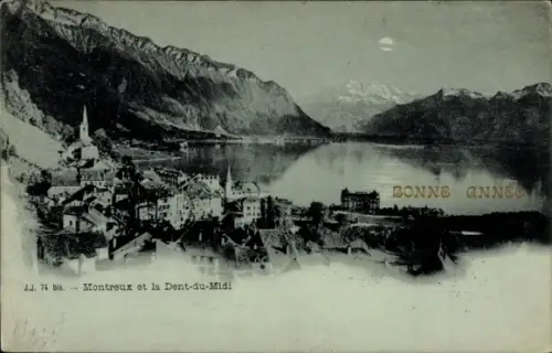Mondschein Ak Montreux Kt. Waadt Schweiz, Vue générale, Dent du Midi