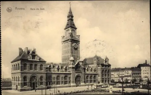 Ak Anvers Antwerpen Flandern, Bahnhof, Uhrturm, Straßenbahn,  Architektur