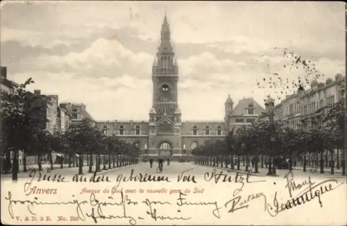 CPA Anvers Flandres, Avenue du Sud avec la nouvelle Gare du Sud