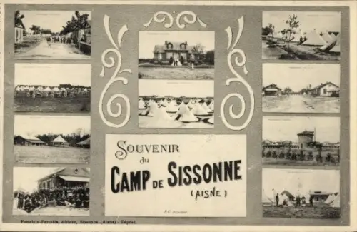 Ak Sissonne Aisne, Camp de Sissonne, Straßenpartie, Zelte