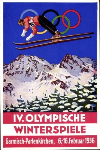 Künstler Ak Garmisch Partenkirchen in Oberbayern, Olympische Winterspiele 1936, Skisprung