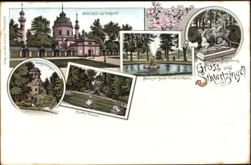 Litho Schwetzingen Baden Württemberg, Moschee, Apollotempel, Kaiser Friedrich Felsen