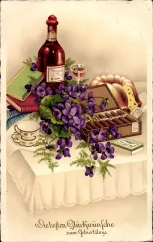 Ak Glückwunsch Geburtstag, Blumen, Zigarren, Kuchen