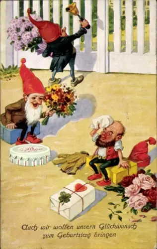Ak Glückwunsch Geburtstag, Zwerge, Geschenke, Blumen