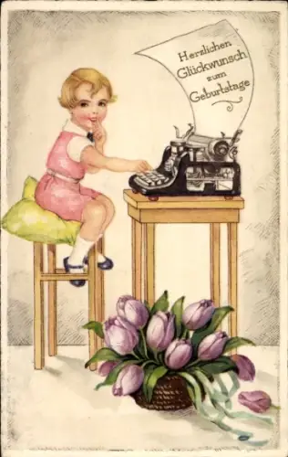 Ak Glückwunsch Geburtstag, Mädchen sitzt an Schreibmaschine, Tulpen