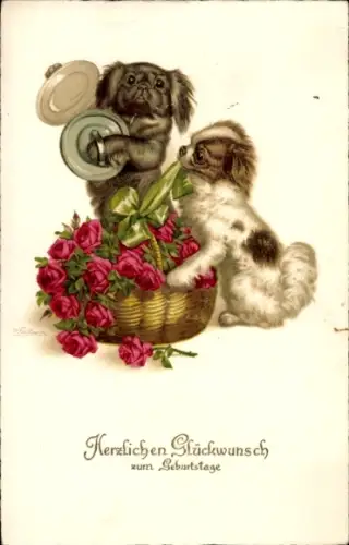 Künstler Ak Glückwunsch Geburtstag, Hunde, Blumenkorb