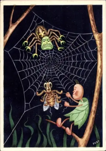 Künstler Ak Fust, Rudolf, Der Befreier, Spinne, vermenschlichtes Blatt