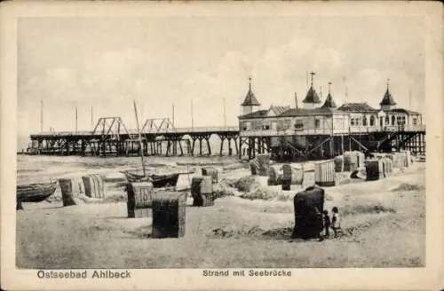 Ak Ostseebad Ahlbeck auf Usedom, Strand, Seebrücke