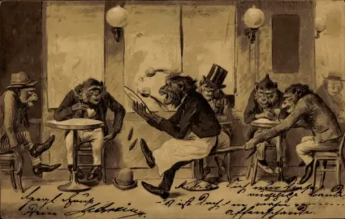 Präge Litho Vermenschlichte Affen, Schimpansen, Cafe, Kellner