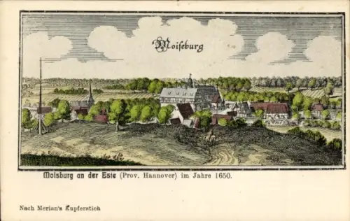 Künstler Ak Merian, Moisburg in Niedersachsen, Gesamtansicht, Ort im Jahre 1650