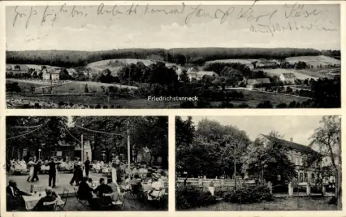 Ak Friedrichstanneck Eisenberg in Thüringen, Landschaftsaufnahme, Gasthof, Menschen beim Feiern, 