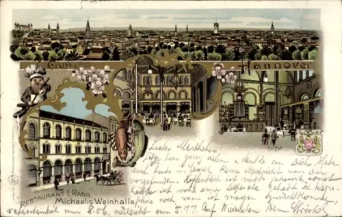 Wappen Litho Hannover in Niedersachsen, Michaelis Weinhalle, Hummer, Stadtpanorama