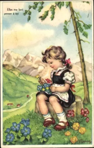 Künstler Ak Mädchen mit Blumen, Blumenwiese