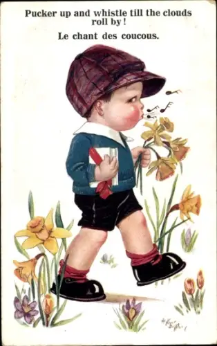 Künstler Ak Pfeifender Junge, Geschenk, Blumen