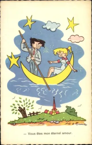 Künstler Ak Liebespaar, Mond als Gondel
