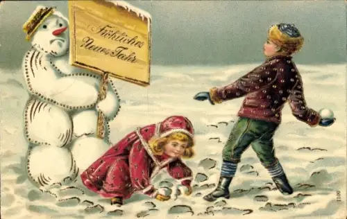 Ak Glückwunsch Neujahr, Schneemann, Schneeball