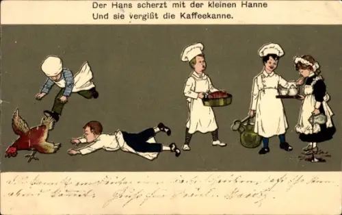 Ak Köche, Henne, Braten, Kessel, Hans scherzt mit der kleinen Hanne...