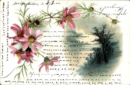 Litho Blühende Blumen, Bäume, Fluss