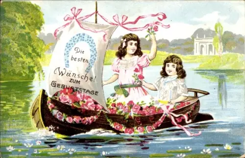 Ak Glückwunsch Geburtstag, Mädchen im Ruderboot