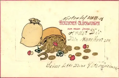 Präge Ak Glückwunsch Neujahr, Münzen, Geld, Hufeisen, Pilze
