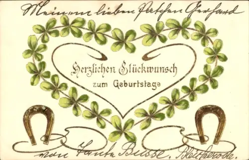 Ak Glückwunsch zum Geburtstag, Glücksklee, Hufeisen