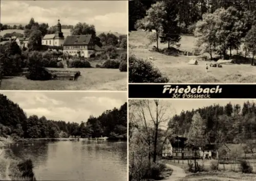 Ak Friedebach Krölpa Thüringen,  Kr. Pößneck, Dorfkirche, Badeweiher, Fachwerkhaus