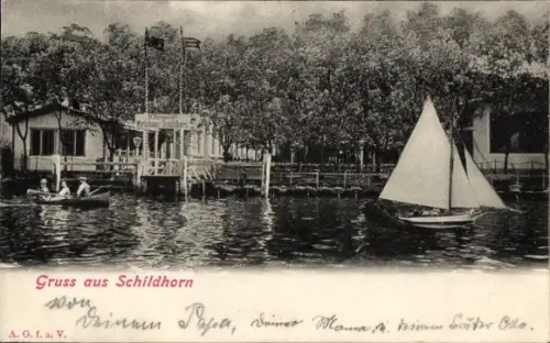 Ak Berlin Wilmersdorf Grunewald Schildhorn, Geschäft, Segelboot, Ruderboot
