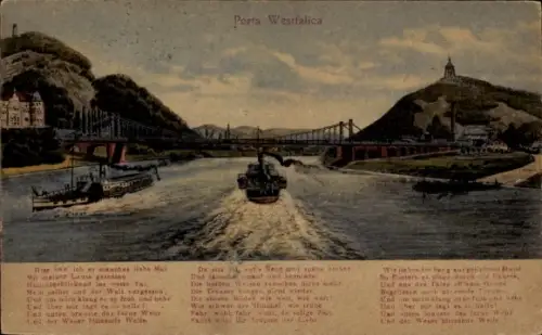 Ak Porta Westfalica an der Weser, Gesamtansicht, Brücke, Dampfer, Gedicht