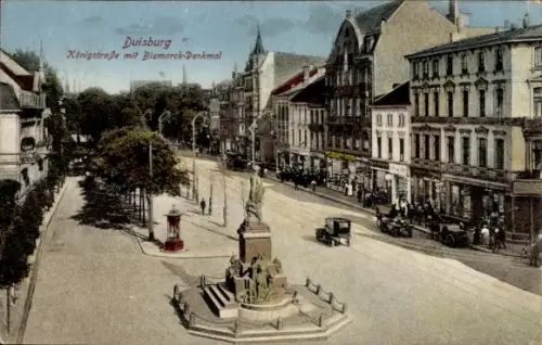 Ak Duisburg im Ruhrgebiet, Königstraße mit Bismarckdenkmal