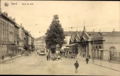 Ak Gand Gent Ostflandern, Zuidstatie, Gare du Sud, Des passants, Straßenbahn