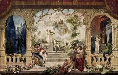 Künstler Ak Salzburg Österreich, Blick auf den Mozart Vorhang im Stadttheater