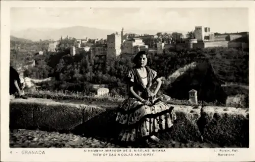 Ak Granada Andalusien Spanien, Panorama, Frau in Tracht