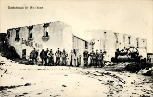 Ak Galizien Ukraine, Polen, Badehaus, Kriegszerstörung I. WK
