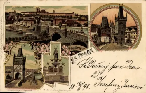 Litho Praha Prag Tschechien, Karlsbrücke, Prager Burg, Altstädter Brückenturm, Nepomuk Statue