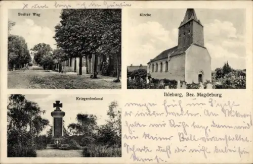 Ak Ihleburg Burg bei Magdeburg,  Breiter Weg, Kirche, Kriegerdenkmal