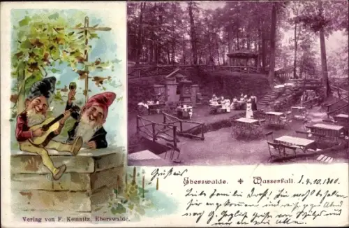 Ak Eberswalde im Kreis Barnim, Wasserfall Gasthaus, Garten, Zwerge