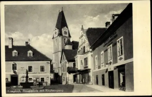 Ak Krieglach Steiermark, Hauptplatz, Kircheingang, Gasthof zum goldenen Löwen, Brunnen