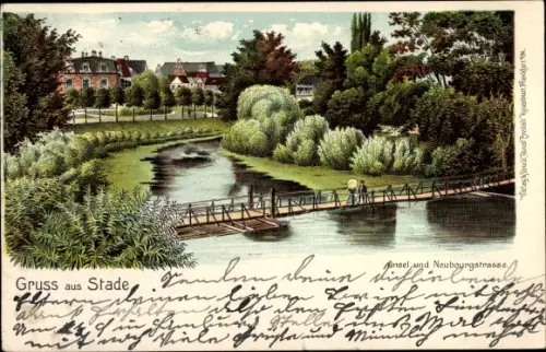 Litho Stade in Niedersachsen, Insel und Neubourgstraße, Brücke