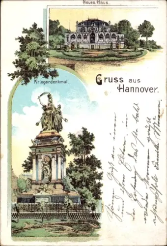 Litho Hannover in Niedersachsen, Neues Haus mit Kriegerdenkmal