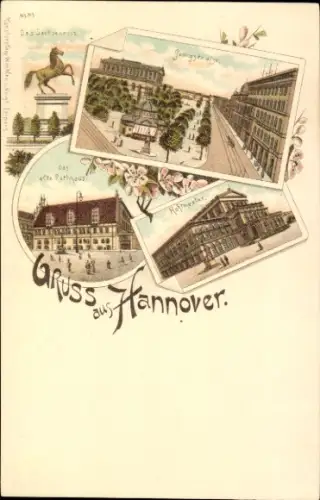 Litho Hannover in Niedersachsen, Rathaus, Das Sachsenross, Georgstraße, Hoftheater
