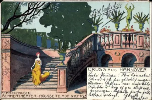 Litho Herrenhausen Hannover in Niedersachsen, Sommertheater, Parkpartie, Dame auf der Treppe