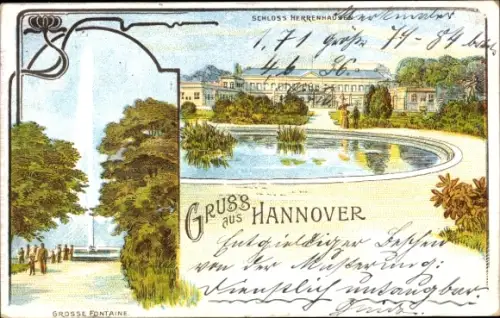Litho Herrenhausen Hannover in Niedersachsen, Schloss, grosse Fontäne