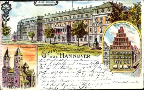 Passepartout Litho Hannover, Leineschloss, Leibnizhaus, Garnisonkirche