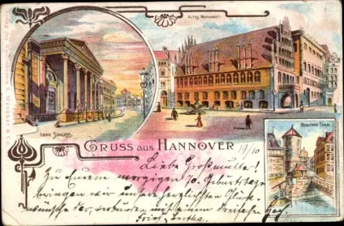 Passepartout Litho Hannover, Leineschloss, Beduinenturm, Rathaus
